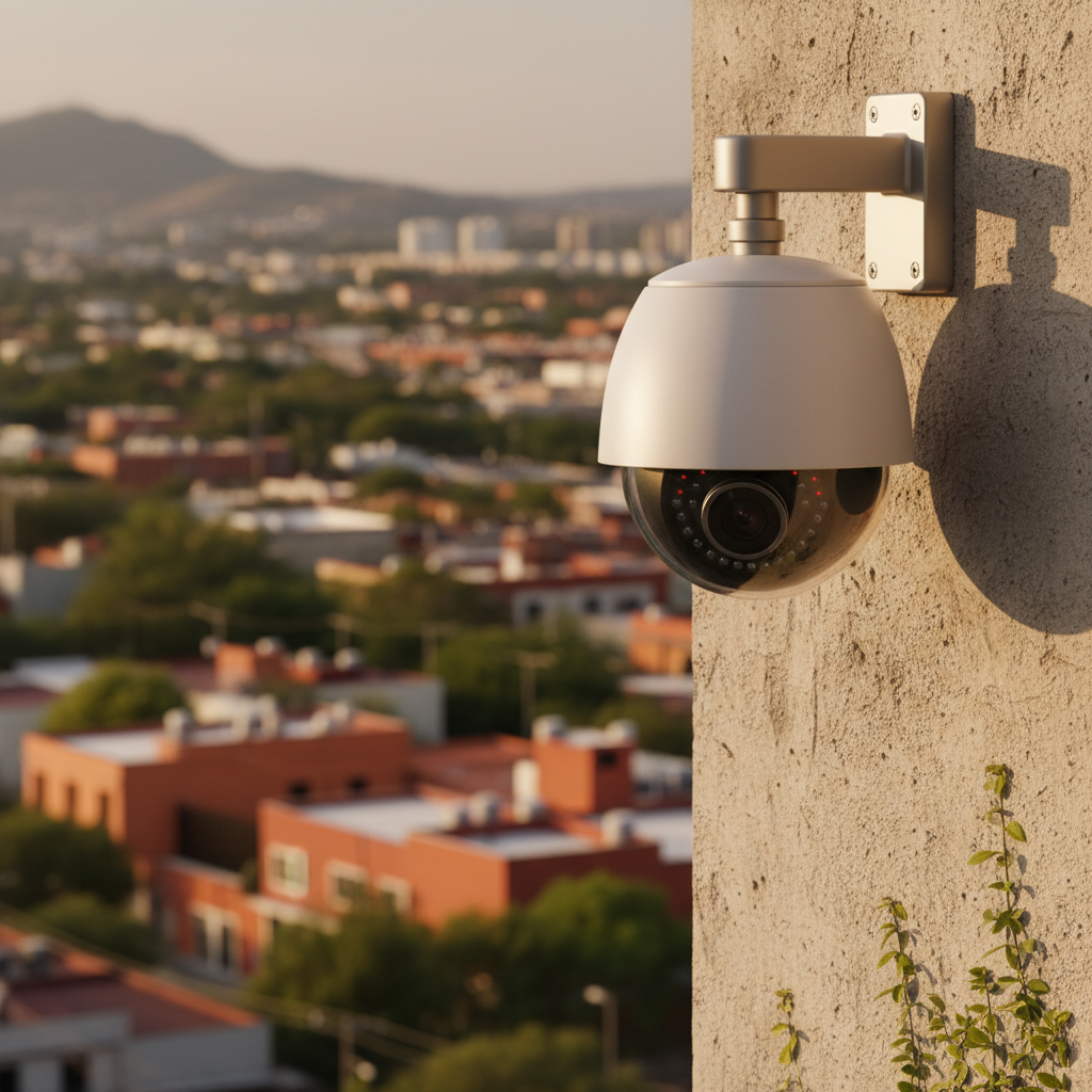 A close-up of a professional outdoor CCTV dome camera in matte white housing, securely mounted on the corner of a beige concrete building in an urban Mexican neighborhood. The camera lens and internal infrared LEDs are clearly visible behind the dark, reflective dome, capturing a sense of high-tech vigilance. Late afternoon natural light casts gentle, warm highlights on the curved surfaces and creates a soft shadow trailing down the wall. In the distant, blurred background, subtle hints of low-rise buildings and greenery suggest Guadalajara’s cityscape. Photographic realism, shot from a slightly low angle to emphasize security coverage, with a crisp, confident, professional mood ideal for a security services section.