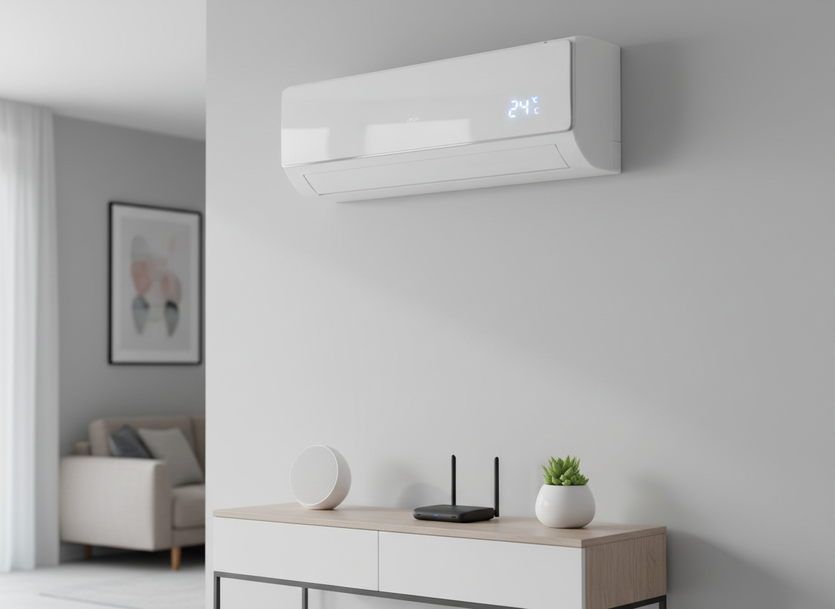 A sleek, modern split air conditioning unit in pristine white, mounted high on a smooth light-gray wall of a contemporary living room. Below it, a minimalist console with neatly arranged smart home devices and a small indoor plant on a wooden surface. The digital display on the AC glows a soft blue, indicating optimal temperature. Soft, diffused daylight enters from an unseen window to the left, creating gentle shadows and subtle reflections on the unit’s glossy plastic. Photographic realism, eye-level composition with a slight angle toward the unit, sharp focus on the equipment and a mildly blurred background for a clean, professional, trustworthy atmosphere suitable for a technical services homepage hero image.