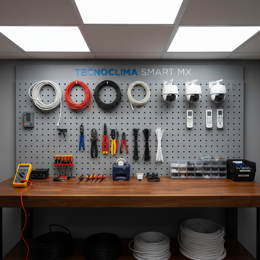 A clean, organized technician’s workstation featuring neatly arranged tools for air conditioning, CCTV, electrified fences, and access control on a sturdy wooden workbench. Lined up are a digital multimeter, insulated screwdrivers, crimping tools, a label printer, zip ties, rolls of cable, and small plastic bins holding connectors and terminals. Behind the bench, a pegboard wall in neutral gray holds coiled cables, security cameras, and AC remote controls, each in its assigned place. Bright, even workshop lighting from overhead LED panels creates minimal shadows and exceptional clarity on every object. Photographic realism, shot from a slightly elevated angle, with sharp focus throughout, conveying a meticulous, professional, and trustworthy technical service brand image for Tecnoclima Smart MX.