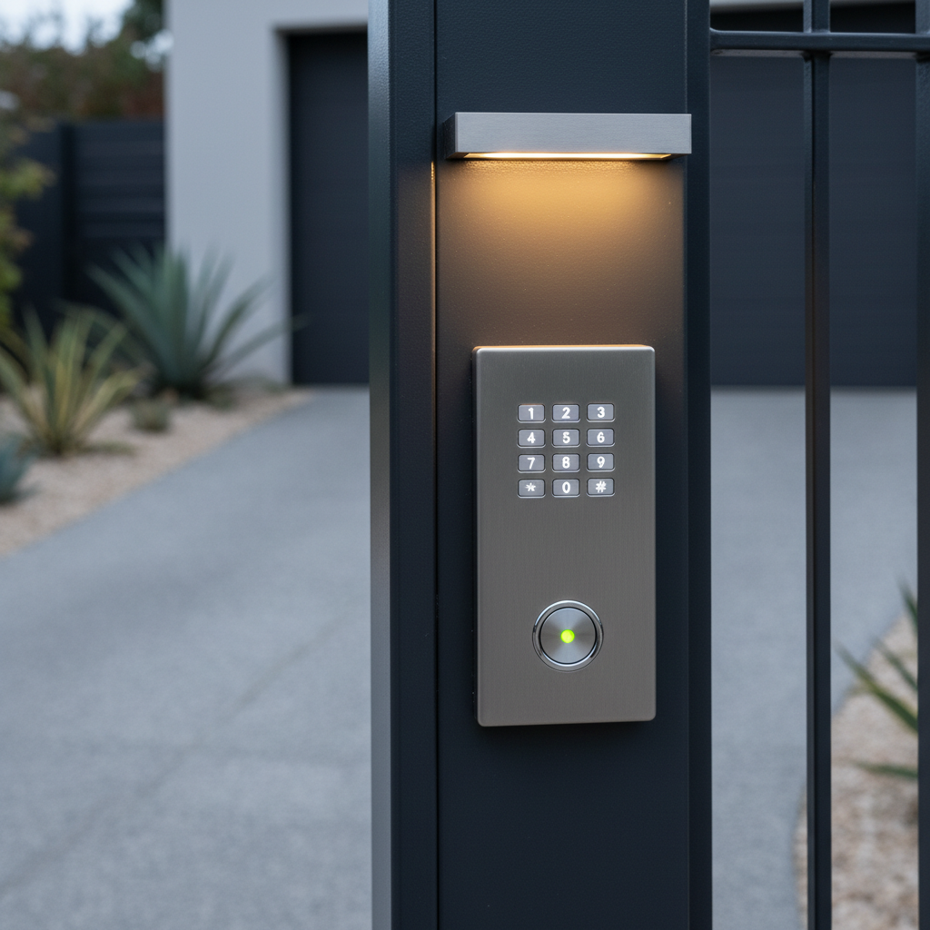 A compact stainless-steel access control panel with illuminated numeric keypad and RFID reader, neatly embedded in a dark gray metal gate outside a modern residential property in Tlajomulco. The keypad’s backlit numbers glow a cool white, while a small green LED near the card reader indicates readiness. Early evening ambient light mixes with a subtle integrated gate light above, creating soft reflections on the brushed metal surface. The background shows a gently blurred driveway and minimalist landscaping with gravel and low plants. Photographic realism, tight framing at eye level with the panel placed on the rule of thirds, projecting a sophisticated, secure, and user-friendly mood suitable for showcasing access control solutions.