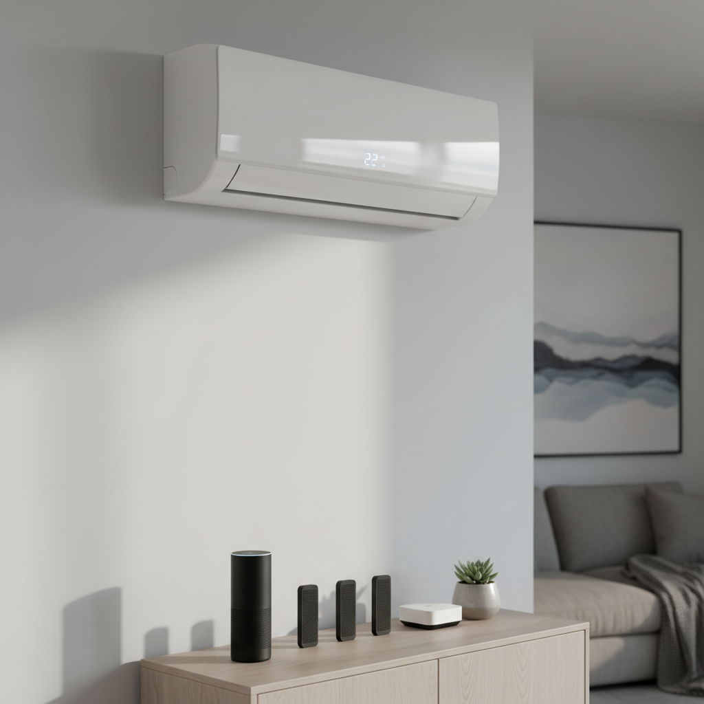 A sleek, modern split air conditioning unit in pristine white, mounted high on a smooth light-gray wall of a contemporary living room. Below it, a minimalist console with neatly arranged smart home devices and a small indoor plant on a wooden surface. The digital display on the AC glows a soft blue, indicating optimal temperature. Soft, diffused daylight enters from an unseen window to the left, creating gentle shadows and subtle reflections on the unit’s glossy plastic. Photographic realism, eye-level composition with a slight angle toward the unit, sharp focus on the equipment and a mildly blurred background for a clean, professional, trustworthy atmosphere suitable for a technical services homepage hero image.