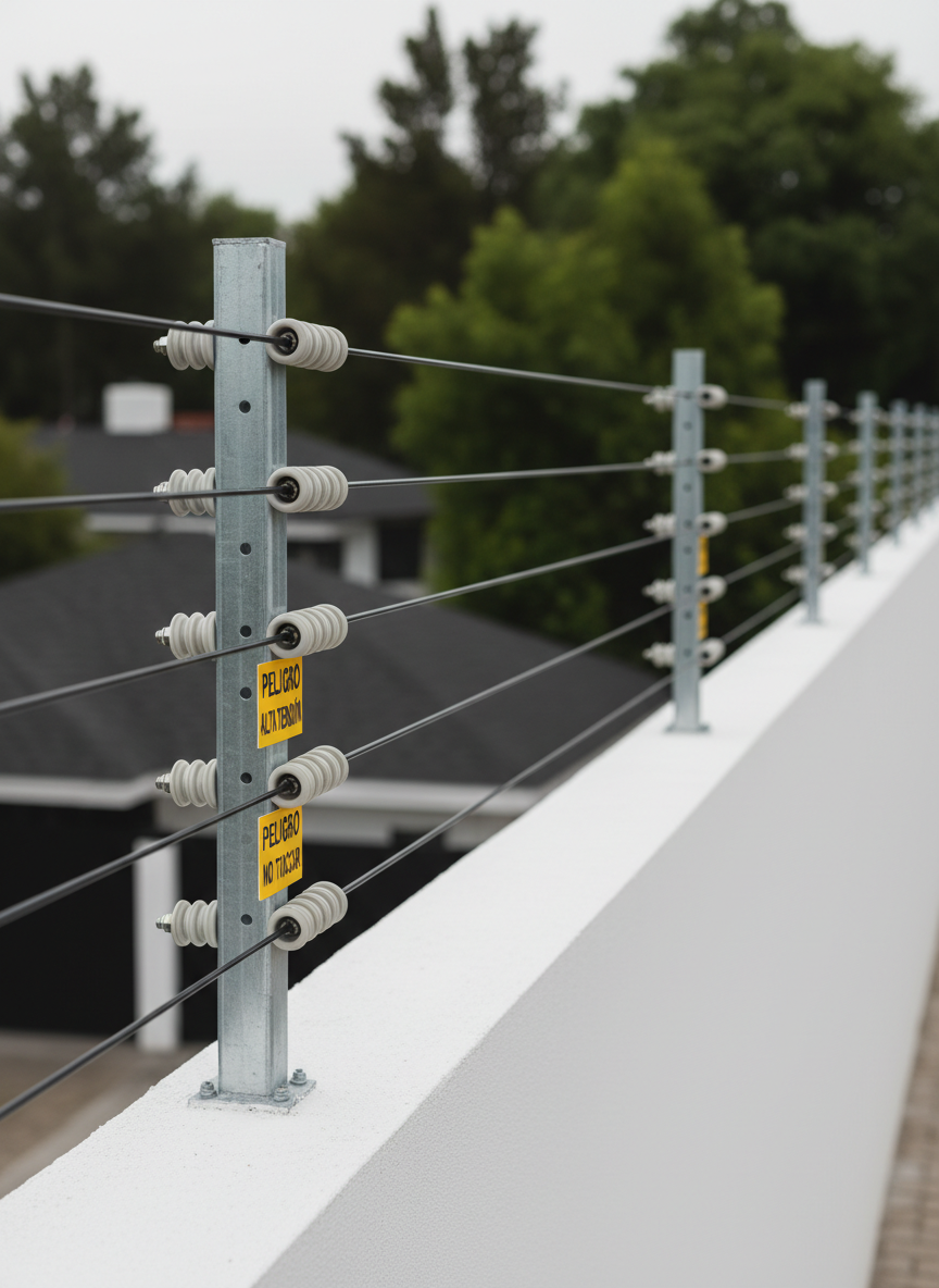A taut, glossy black electrified fence wire system installed along the top of a smooth white perimeter wall, with evenly spaced galvanized steel posts and bright yellow warning plates in Spanish clearly attached at intervals. The focus is on the tensioned wires and insulators, revealing textures of plastic and metal with fine detail. Overcast daylight produces even, shadow-free lighting that highlights the clean installation lines and gives a neutral, technical feel. In the softly blurred background, silhouettes of suburban rooftops and trees typical of Zapopan are faintly visible. Photographic realism, shot from a side angle along the wall to accentuate depth and precision, conveying reliability and robust perimeter protection.